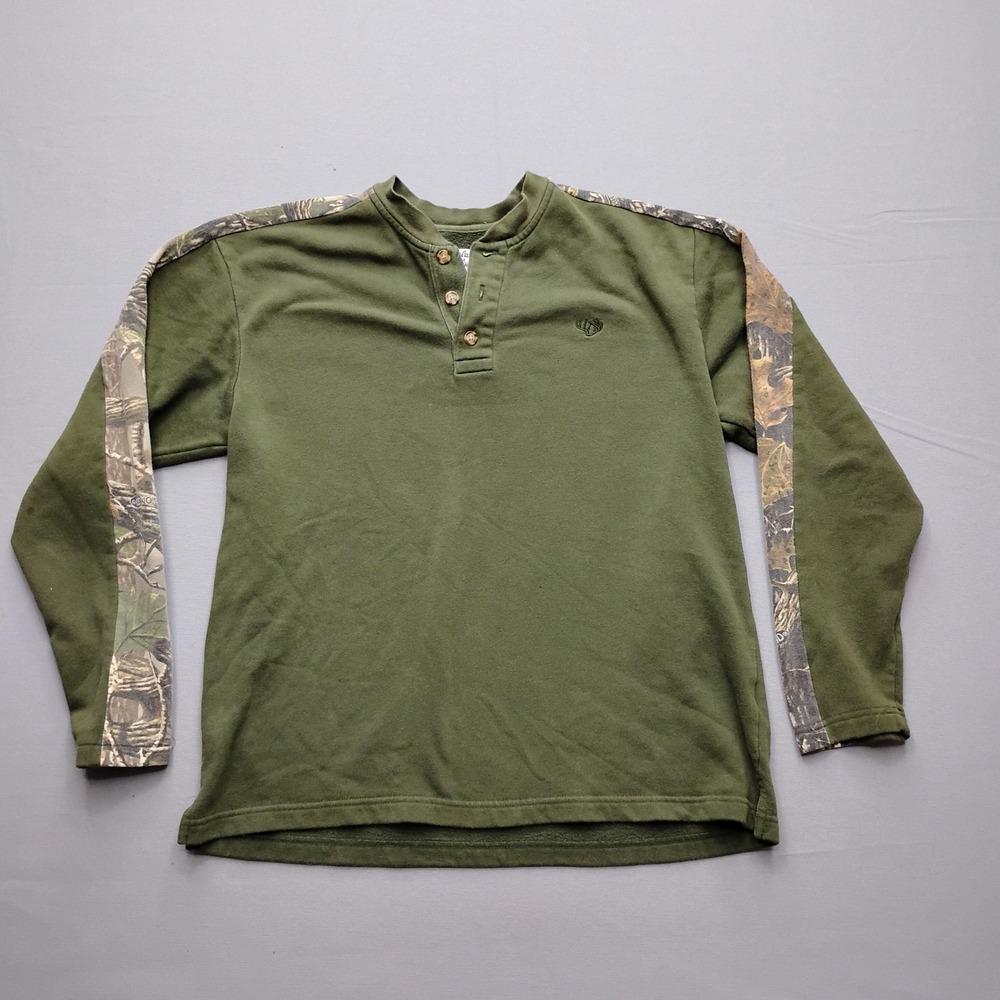 Cabelas Mens Medium Green Camo Trim Henley Sweatshirt 956098
